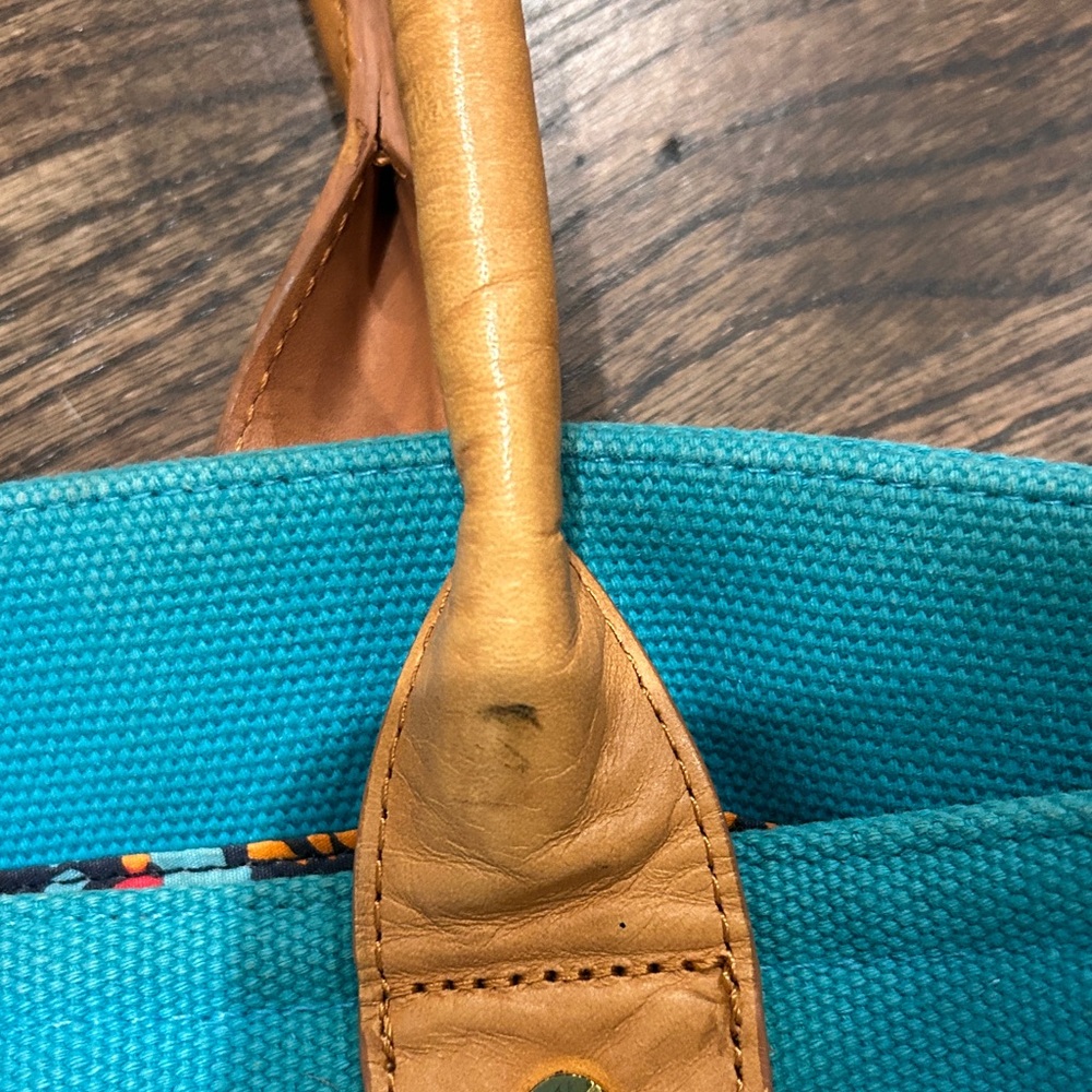 Tory Burch Blue Canvas Tote with Brown Handles - Picture 4 of 5